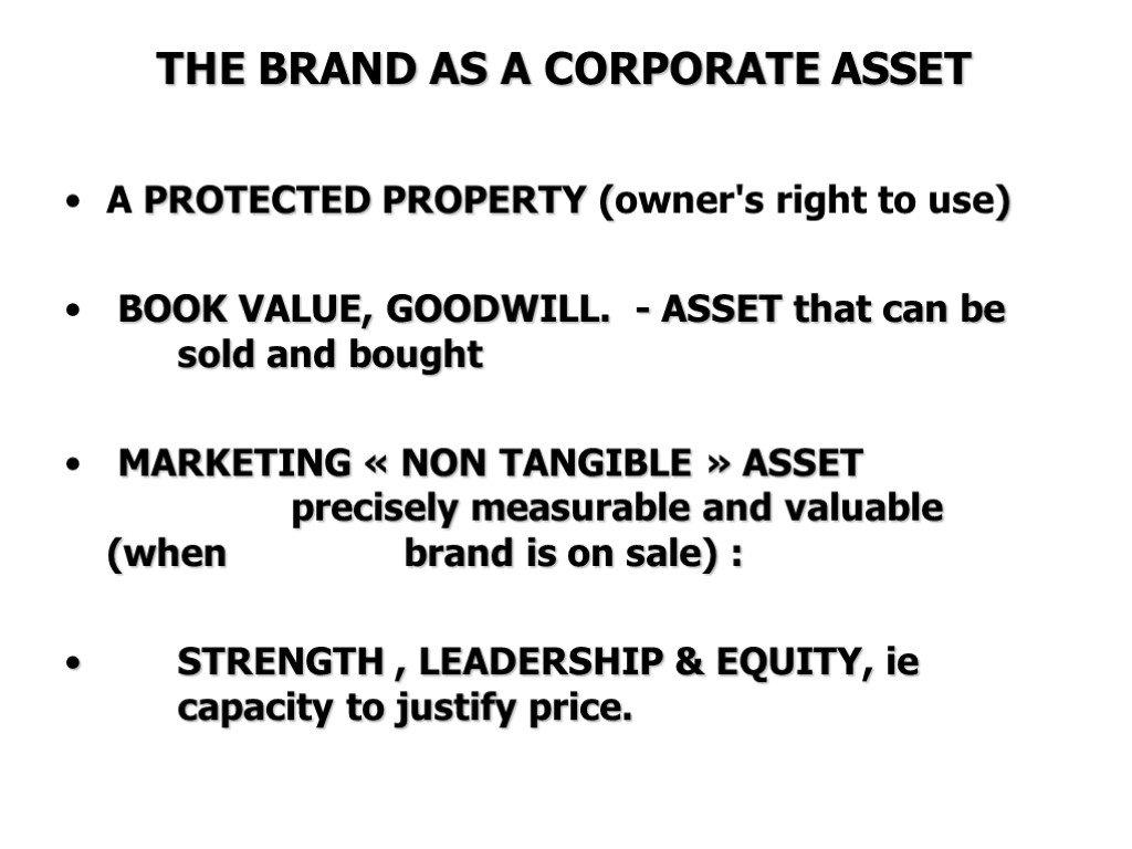 THE BRAND AS A CORPORATE ASSET A PROTECTED PROPERTY (owner's right to use) BOOK